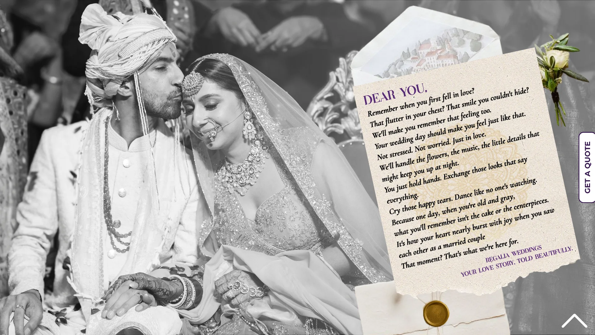 A handwritten letter from Regalia Weddings resting beside a wedding photograph